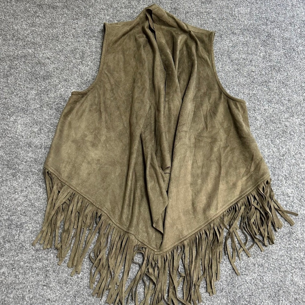 Chico Vest Womens Size S Olive Green Faux Suede Fringe Open Front Boho Western